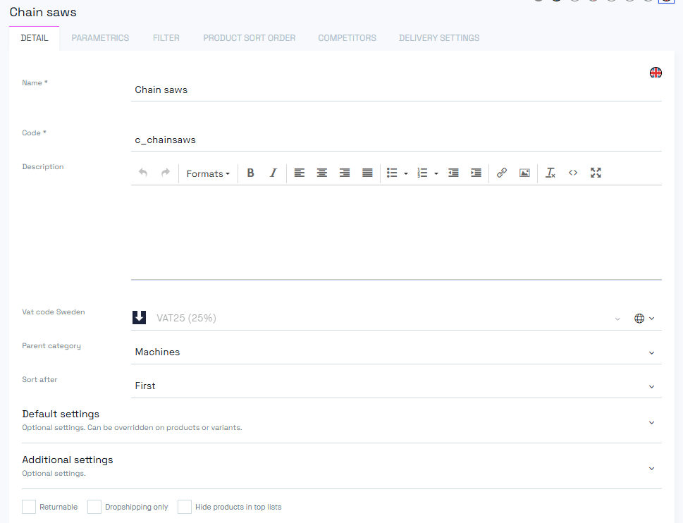 Edit categories page