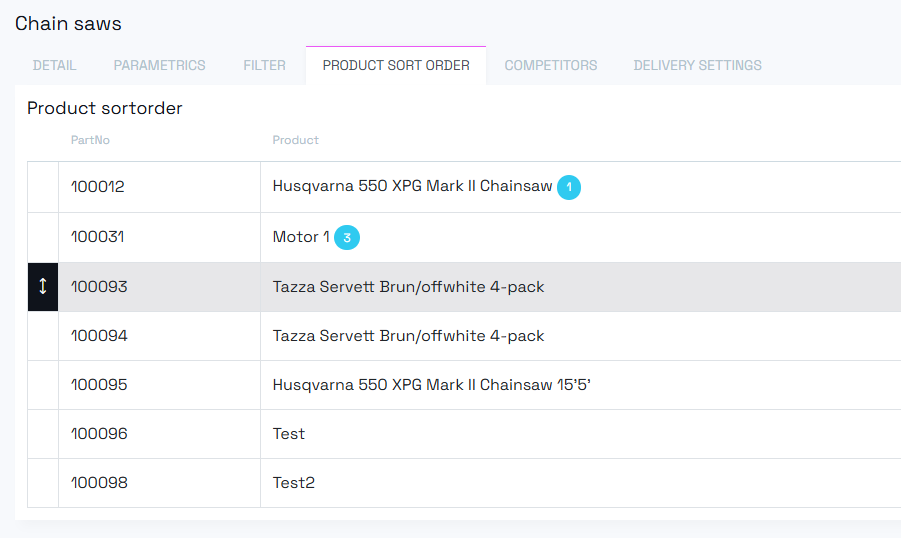 Product sort order tab
