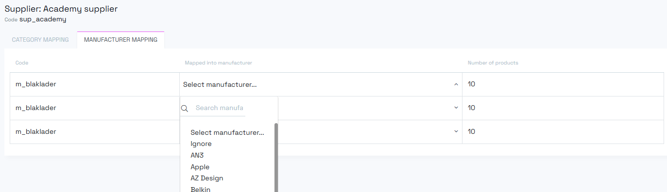 Manufacturer mapping interface