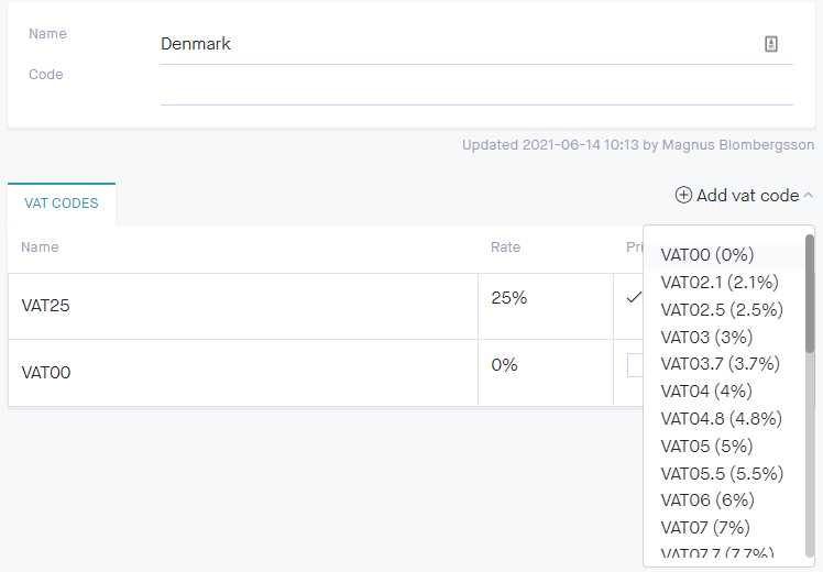 Add vat codes