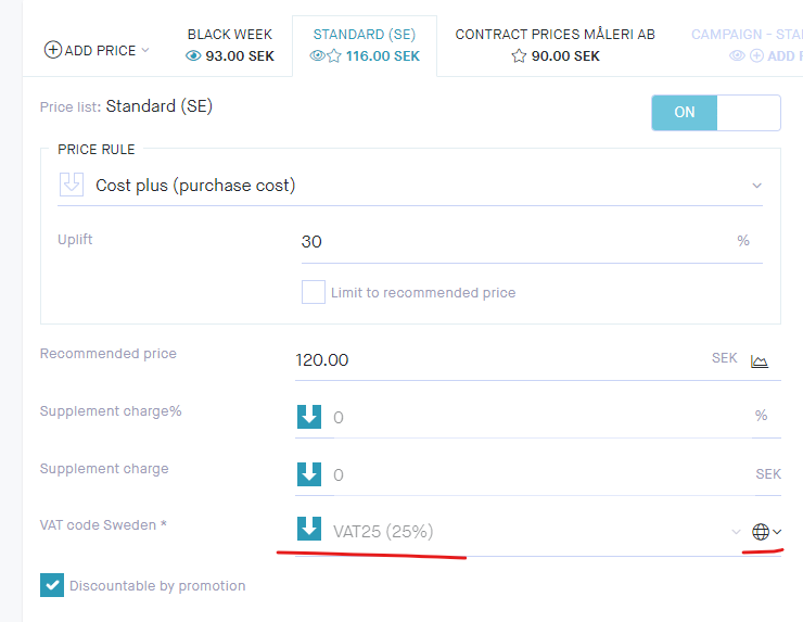 Change vat code on product