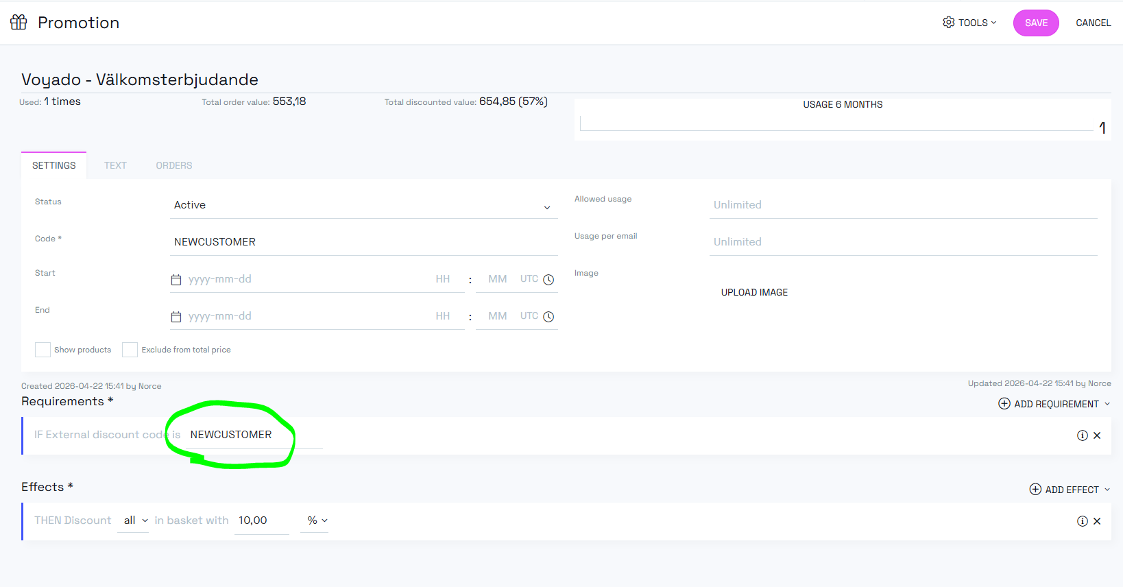 Norce Commerce Admin Promotion with Requirement 'IF External discount code is NEWCUSTOMER' and Effect 'THEN Discount all in basket with 10,00 %'