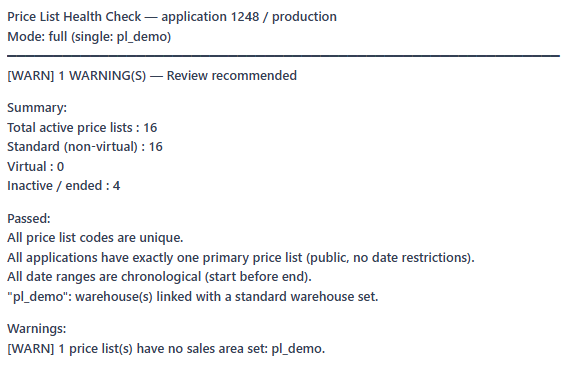 Example output from Check Price List Setup showing issues, warnings, and passed checks