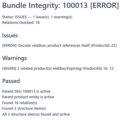Example output from Check Bundle Integrity showing parent and child product results