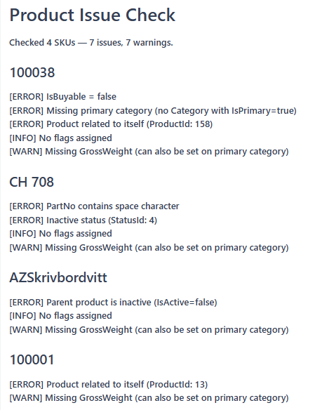 Example output from Check Product Issues showing per-SKU results