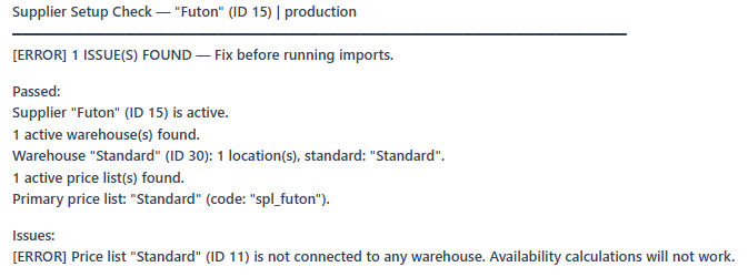 Example output from Check Supplier Setup showing diagnostic results