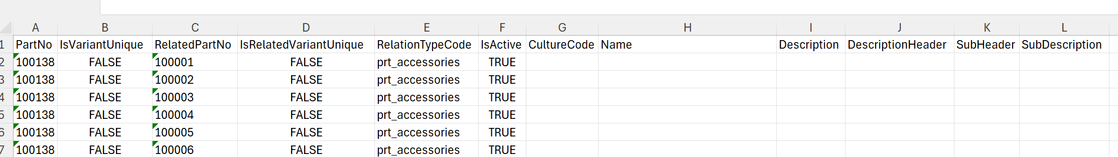 Product relation excel format