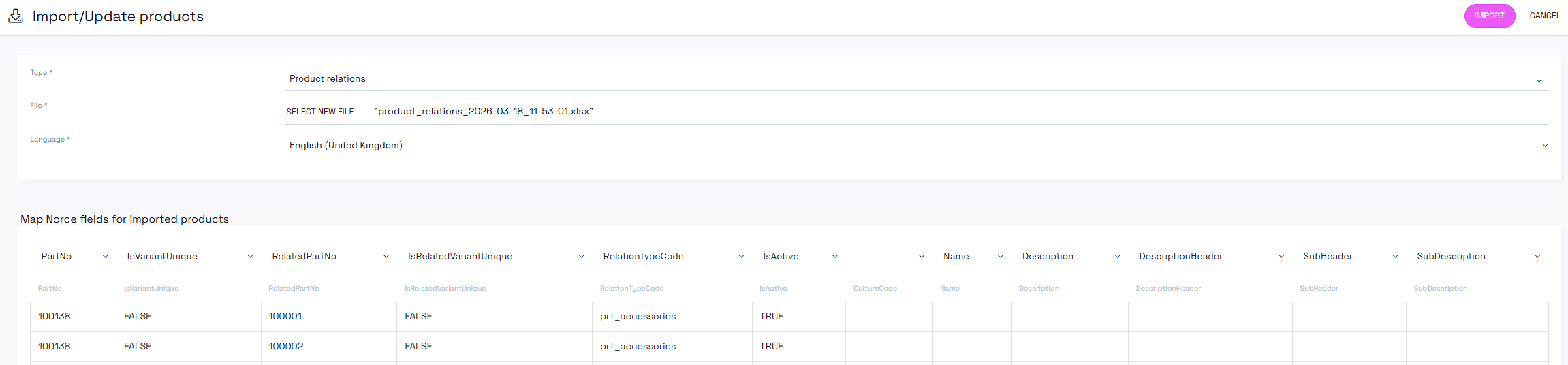Product relation excel format