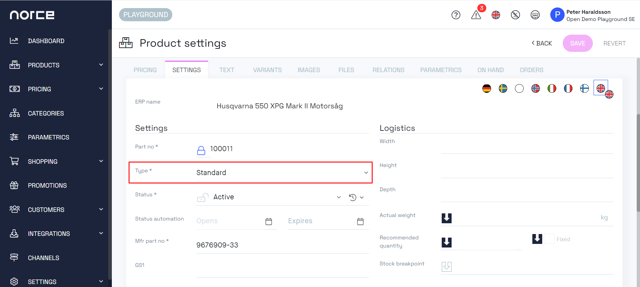 Product settings SKU type