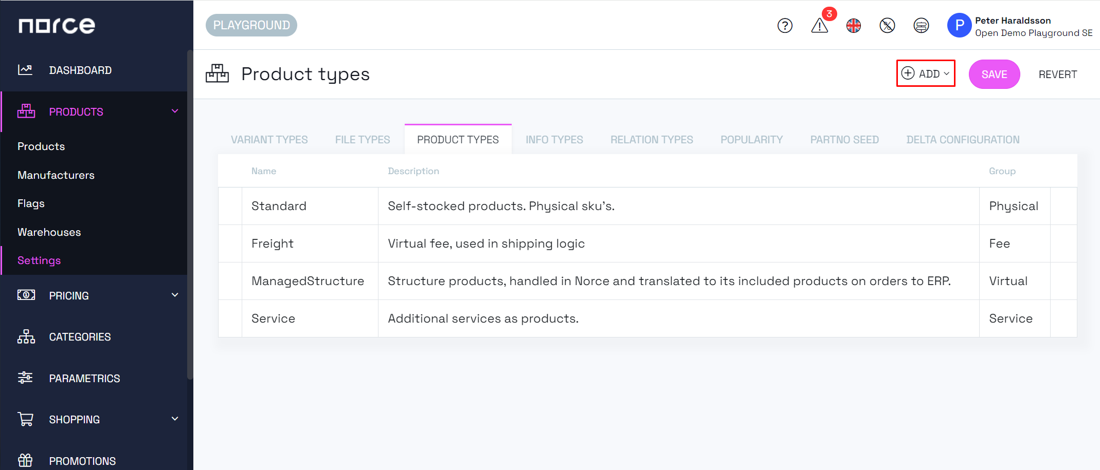 Product types settings