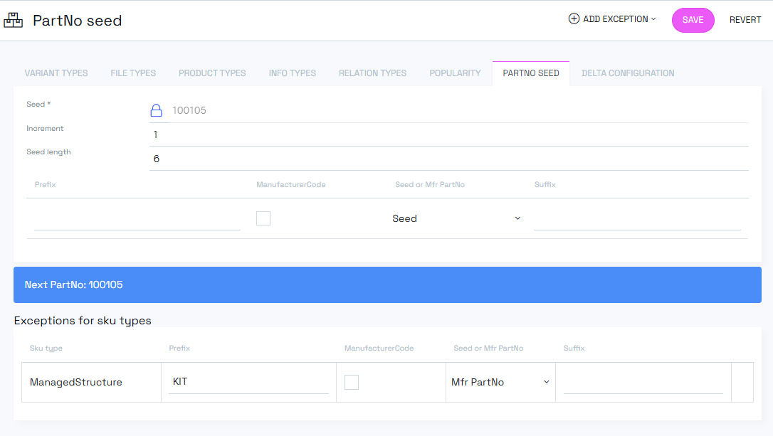 PartNo Seed tab