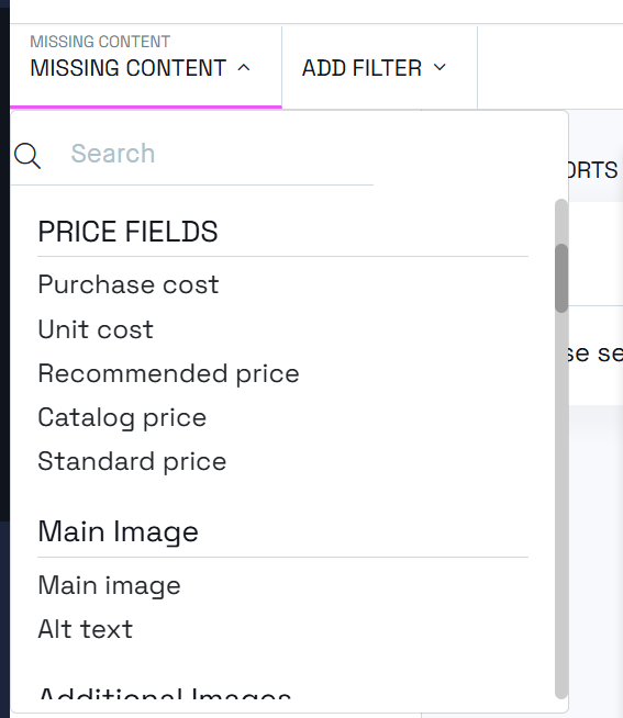 Filter on missing content