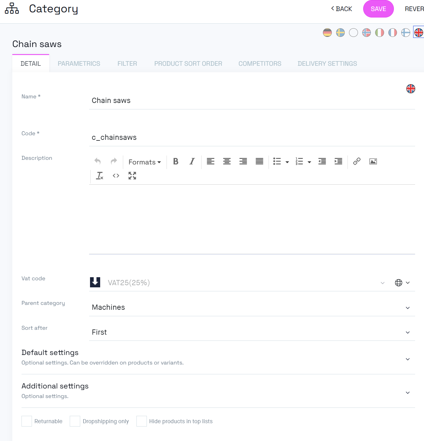 Category details tab