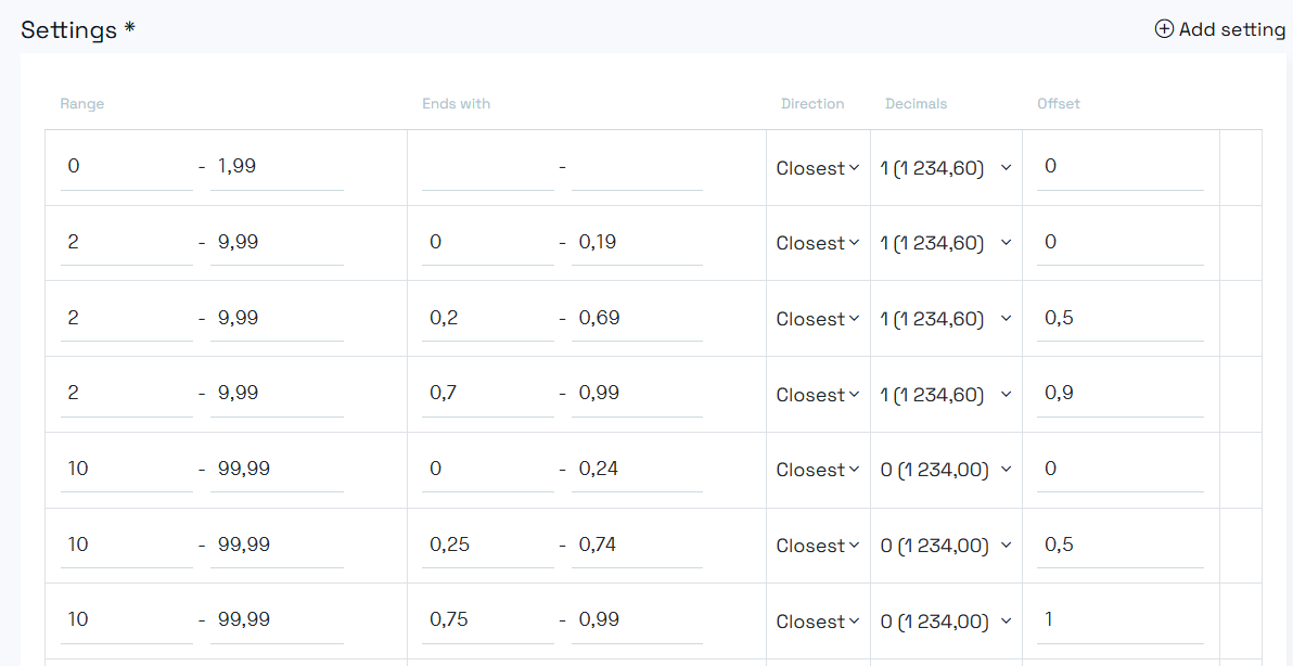 Rounding settings section