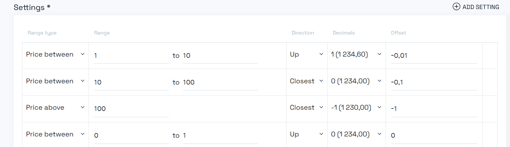 Rounding settings section