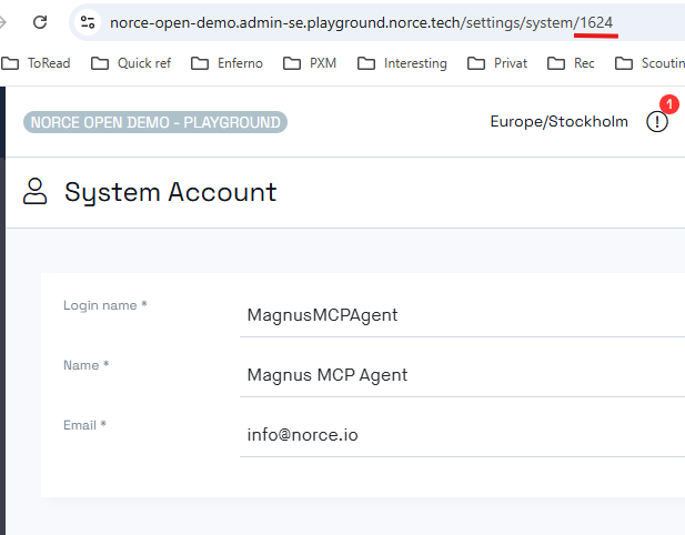 Example System account setup in Admin