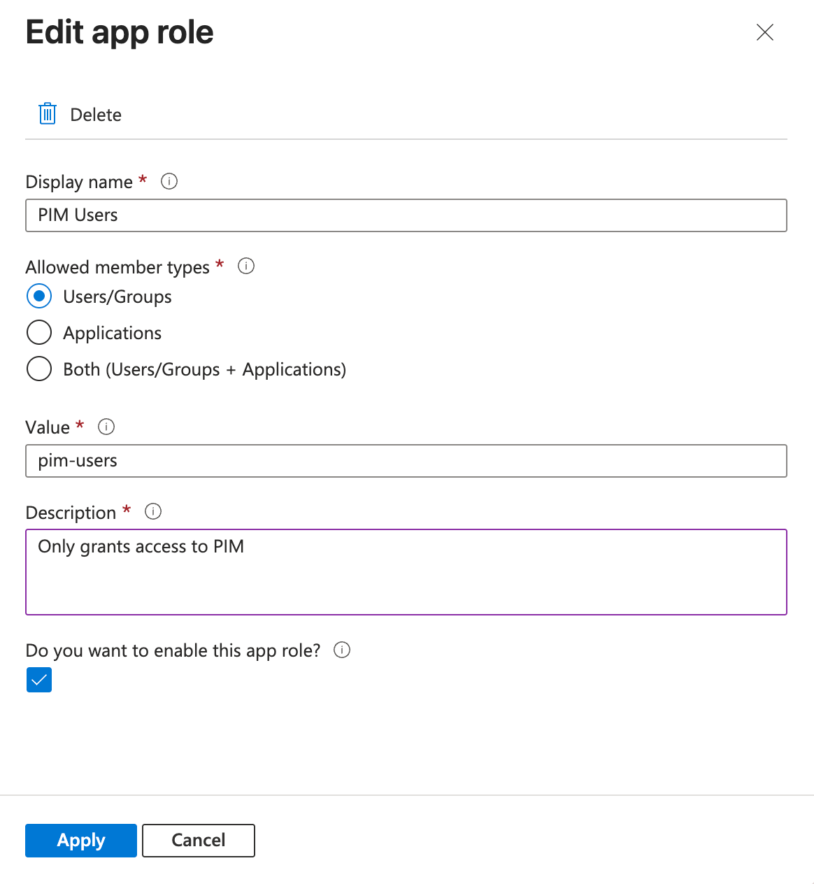 Entra ID app role with value pim-users