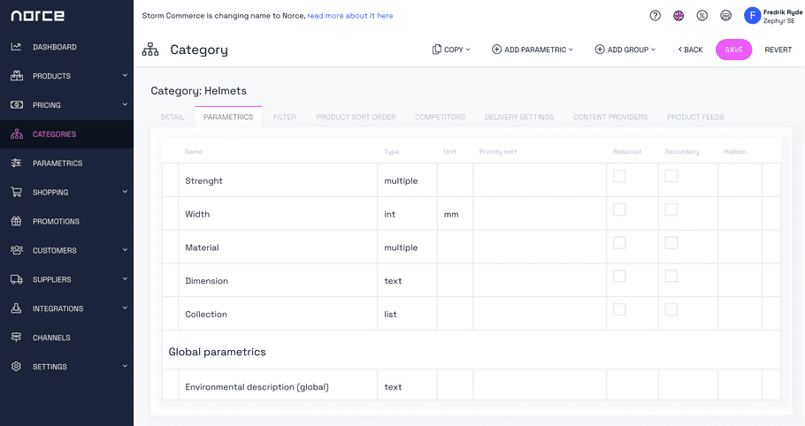 Assign parametric to category